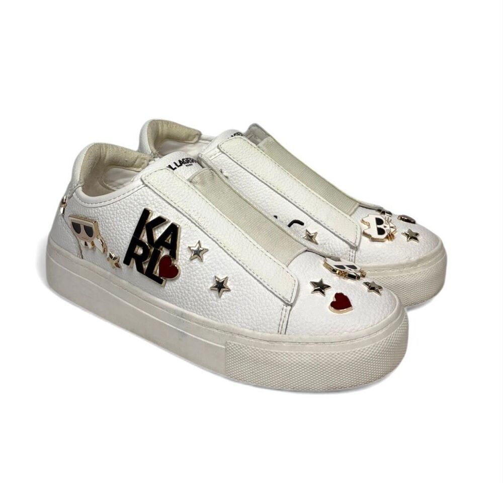 Karl Lagerfeld CAITIE White Leather Slip On Sneakers Charms Platform Women 6.5